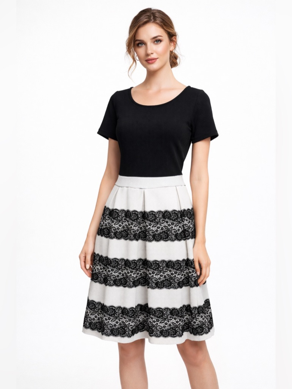 Christian Siriano Black & White Textured Fit & Flare Dress – Lace Detail Skirt 🖤 - Picture 7 of 8
